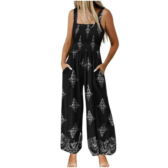 Women's Casual Loose Overalls Jumpsuits Floral One Piece Square Neck Shirred Pants with Pockets