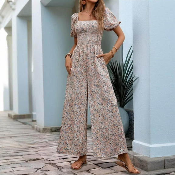Women's Casual Loose Overalls Jumpsuits One Piece Ruffle Short Sleevel Printed Wide Leg Long Pant With Pockets Pink XL