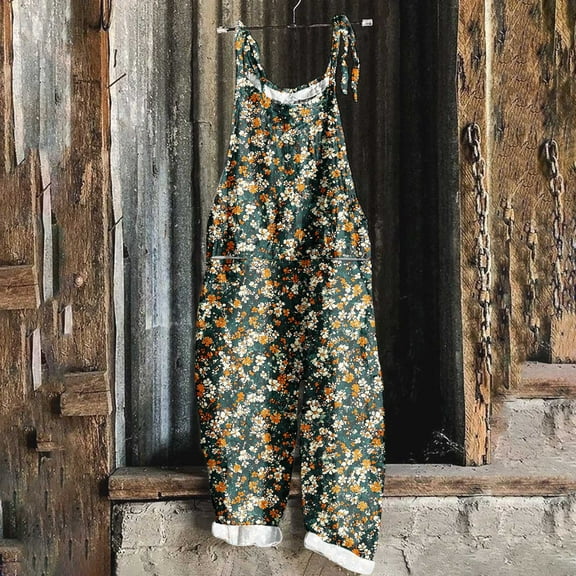 Women's Casual Loose Overalls Jumpsuits One Piece Sleeveless Printed Wide Leg Long Pant Rompers With Pockets Multicolor D XL