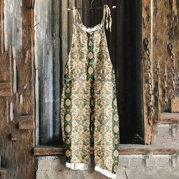 Women's Casual Loose Overalls Jumpsuits One Piece Sleeveless Printed Wide Leg Long Pant Rompers With Pockets Multicolor L
