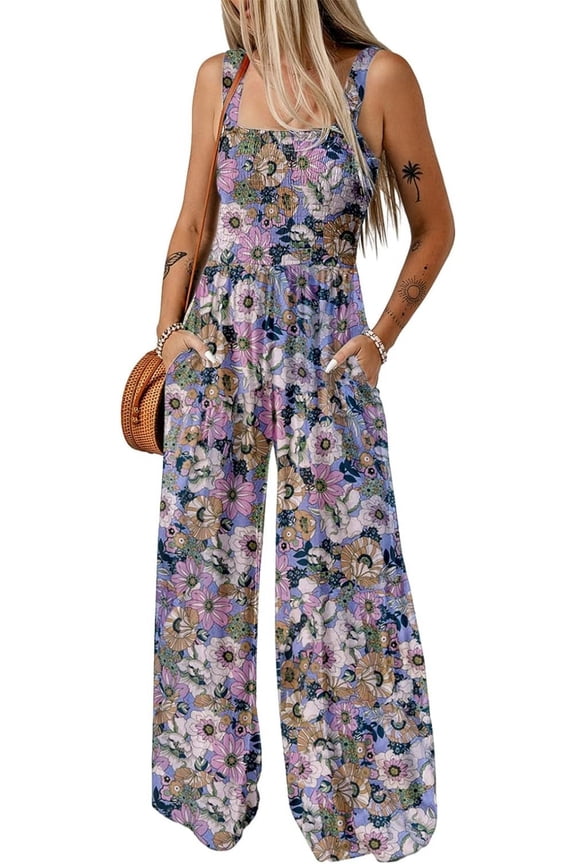 Women's Casual Loose Overalls Jumpsuits One Piece Sleeveless Printed Wide Leg Long Pant Rompers With Pockets