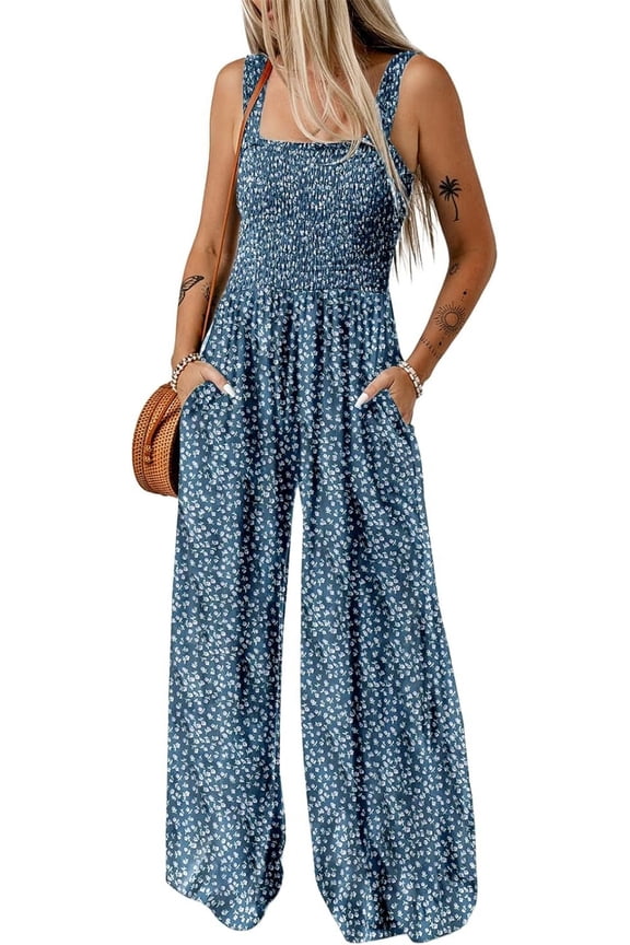 Women's Casual Loose Overalls Jumpsuits One Piece Sleeveless Printed Wide Leg Long Pant Rompers With Pockets