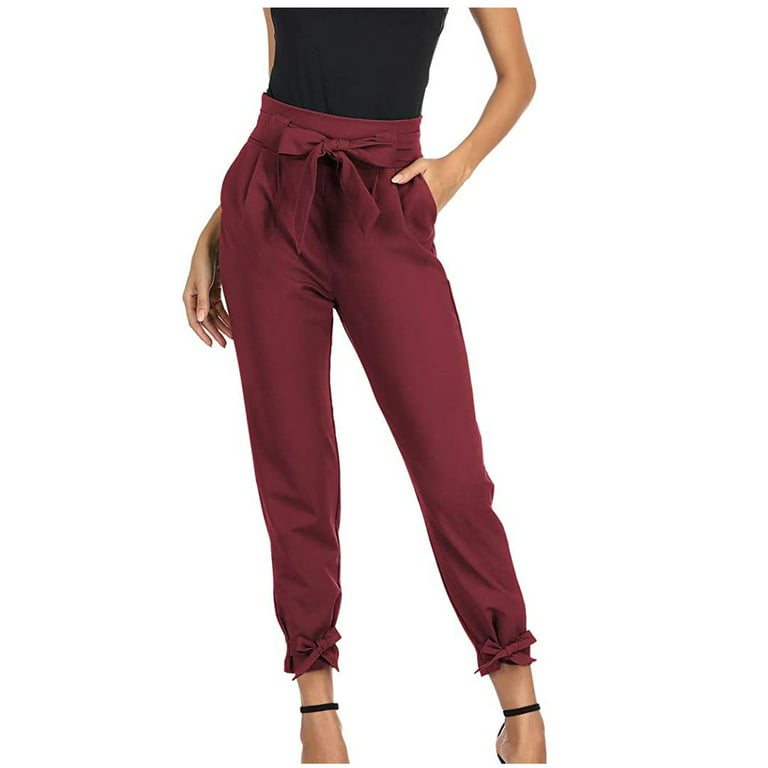 Women's Casual Loose Paper Bag Waist Trendy Comfy Long Pants Trousers with  Bow Tie Belt Pockets for Women Ladies