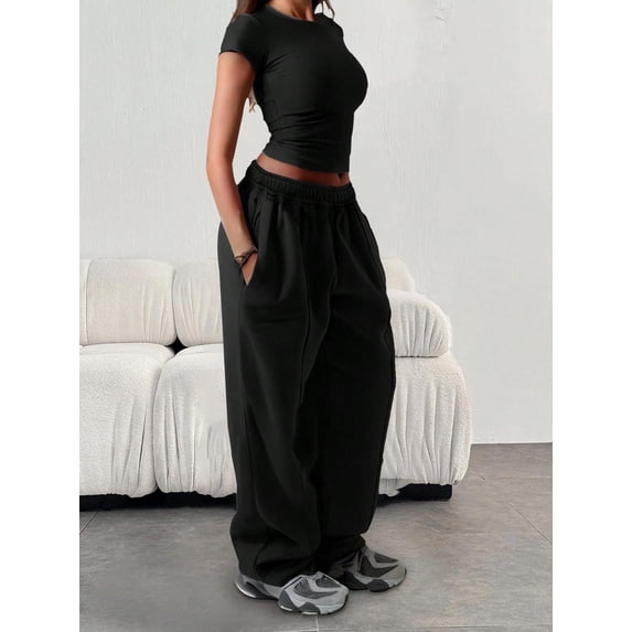 Women's Casual Loose Plain Drawstring Waist Sweatpants with Pockets