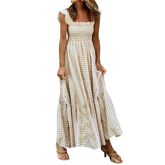 Women's Casual Loose Pocket Long Dress Leisure Summer Long Dress Sleeveless Square Neck Dresses Loose Flowy