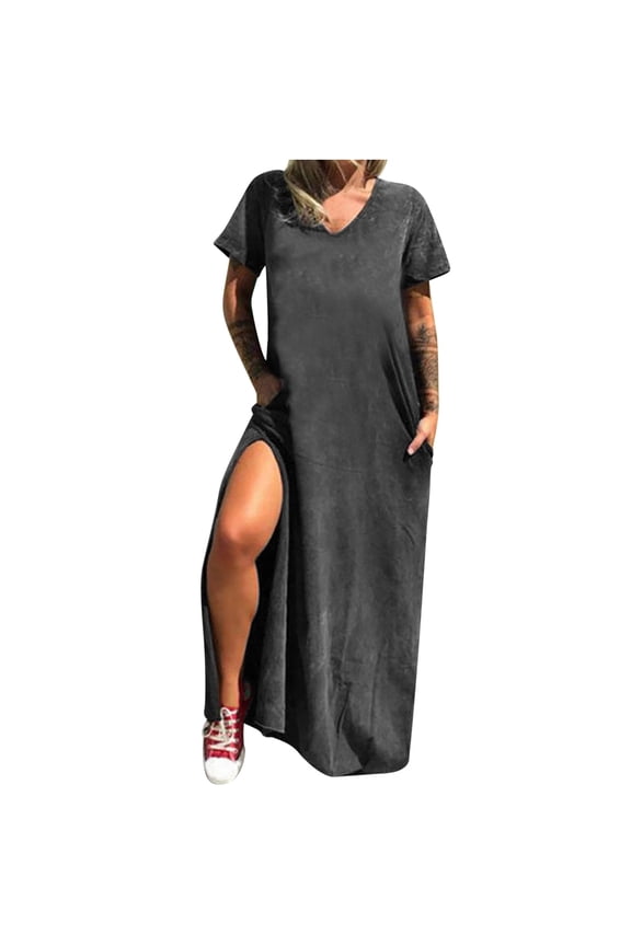 Women's Casual Loose Pocket Long Dress Short Sleeve Split Maxi Dresses Fashion Printed V Neck Comfy Daily Long Dress