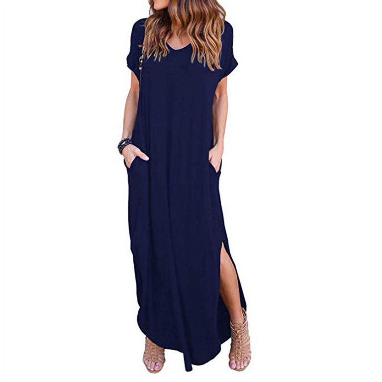 Women's Casual Loose Pocket Long Dress Short Sleeve Split Maxi