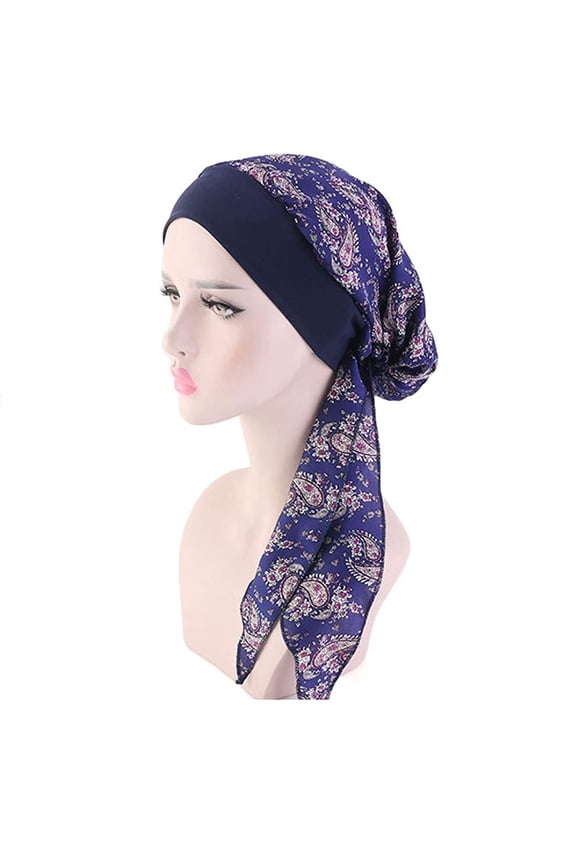 Women's Casual Loose Print Chemo Turban Cap,Soft Breathable Headwrap for Hair Loss,Comfortable Daily Wear Scarf Hat for Sensitive Scalps Navy One Size