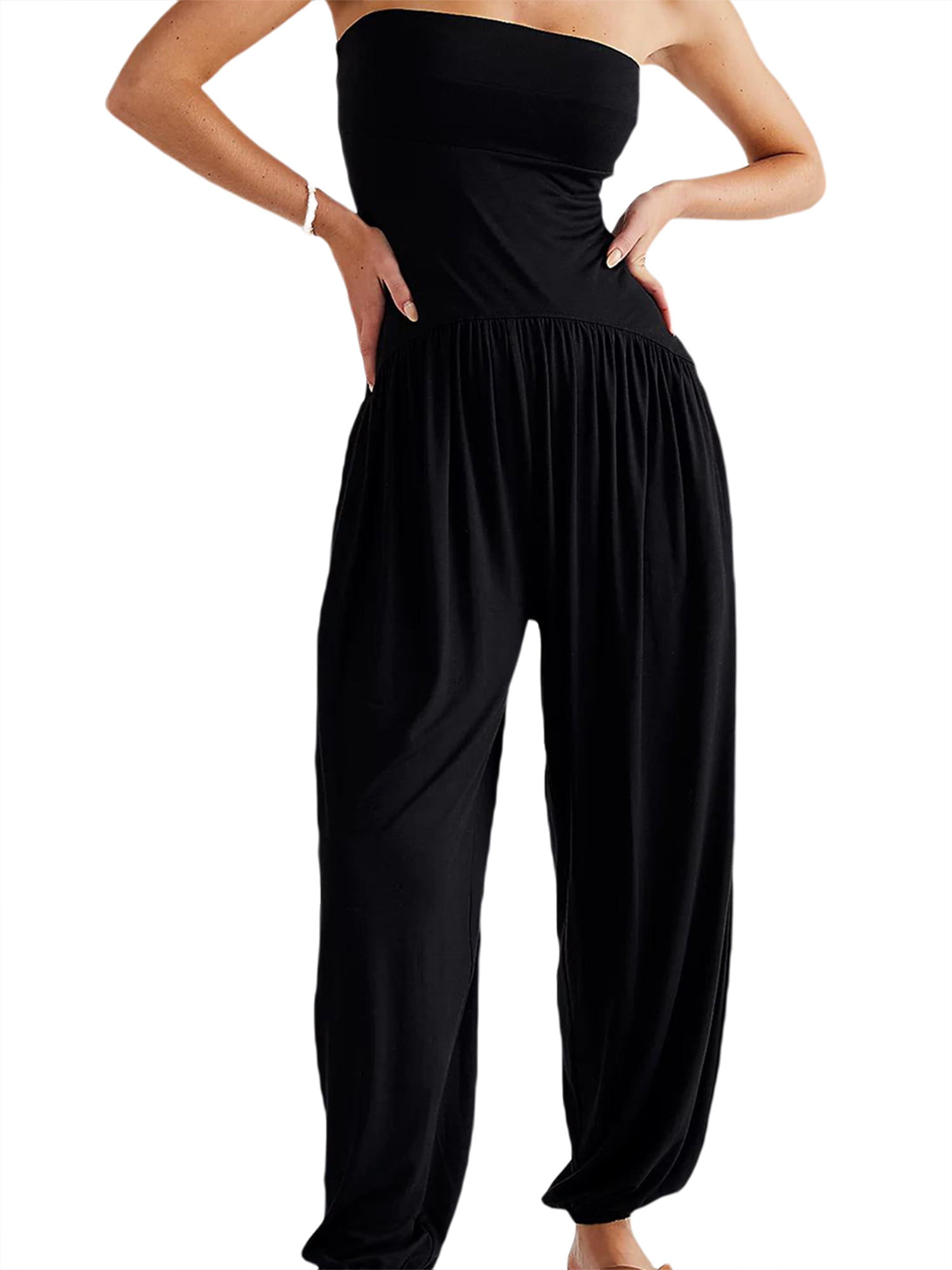 Women's Casual Loose Rompers Strapless Flowy Jumpsuit High Waist Playsuit  Wide Leg Long Pants Summer Sleeveless Trousers Pockets