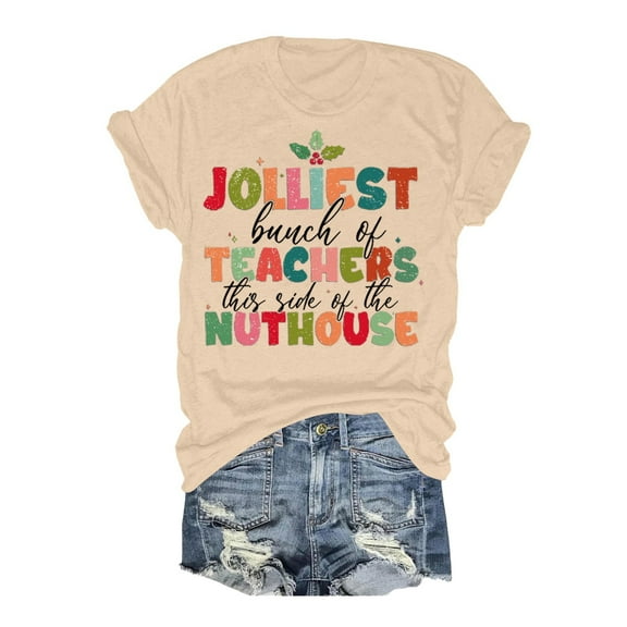 Women's Casual Loose Round Neck Christmas Print Short Sleeve Tee Festive Holiday Top Long Sleeve Compression Shirts for Women Womens Long Sleeved Tees Long Sleeve Shirts Tall Women Shirts Workout T