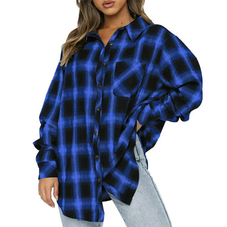 Womens Plaid Shirts Flannel Button Down Thermal Jackets Loose Fit Outdoor  Trendy Tops Lapel Color Block Outwear, 3-blue, Small : : Clothing,  Shoes & Accessories