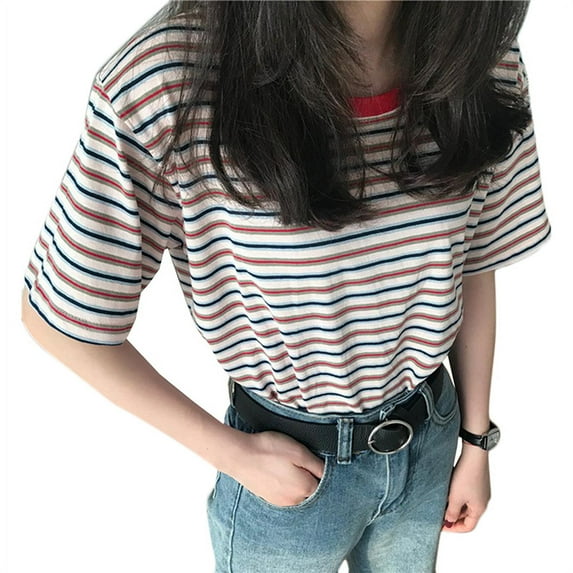 Women's Casual Loose Short Sleeve Round Neck Striped Tee Shirt Top Korean Style Shirt for Teen Girls