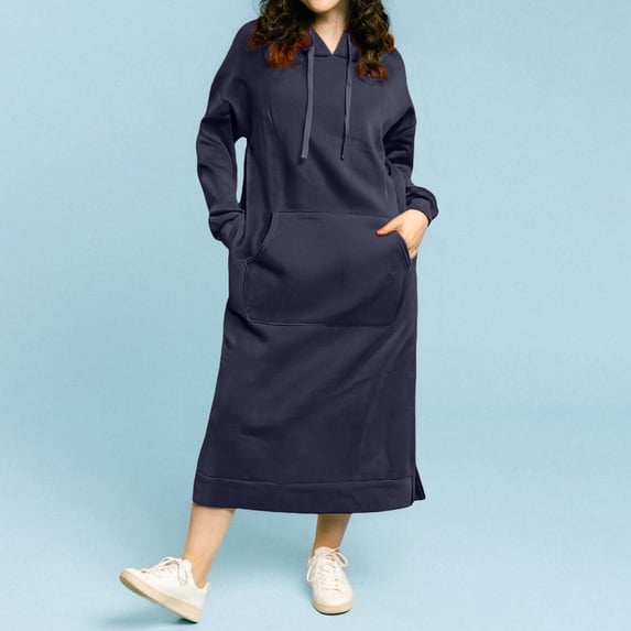 Women's Casual Loose Solid Color Drawstring Hoodie Fall Warm Sweatshirt Maxi Dress with Pocket,Blue XXXXL