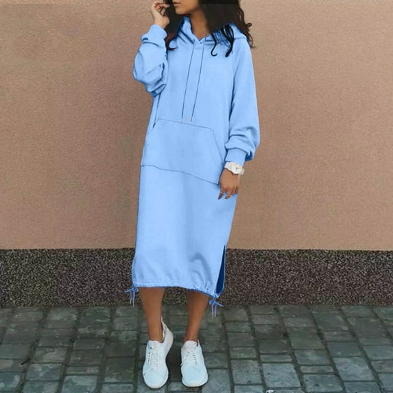 Women's Casual Loose Solid Color Drawstring Hoodie Fall Warm Sweatshirt Maxi Dress With Pocket Women Casual Floral Dresses for Summer Casual Women Summer Dress Dress for Women for Summer Casual Short