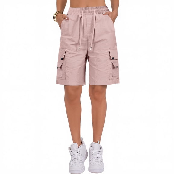 Women's Casual Loose Solid Color High Waisted Sports Shorts With Drawstring Cargo Pockets, Pink, Size XL