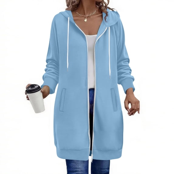 Women's Casual Loose Solid Color Pocket Long Sleeve Double Zipper Hoodie Top