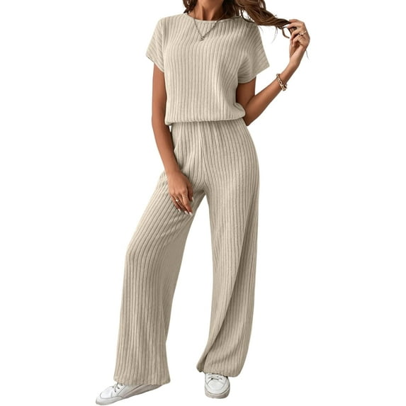 Women's Casual Loose Solid Ribbed Crewneck Short Sleeve Long Romper Stretchy Wide Leg Jumpsuits