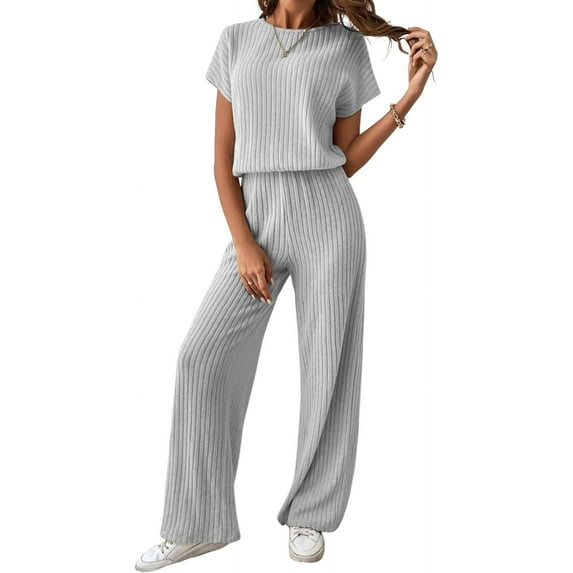 Women's Casual Loose Solid Ribbed Crewneck Short Sleeve Long Romper Stretchy Wide Leg Jumpsuits