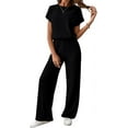 thumbnail image 1 of Women's Casual Loose Solid Ribbed Crewneck Short Sleeve Long Romper Stretchy Wide Leg Jumpsuits, 1 of 9