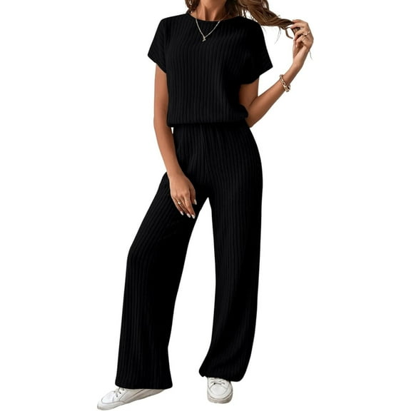 Women's Casual Loose Solid Ribbed Crewneck Short Sleeve Long Romper Stretchy Wide Leg Jumpsuits