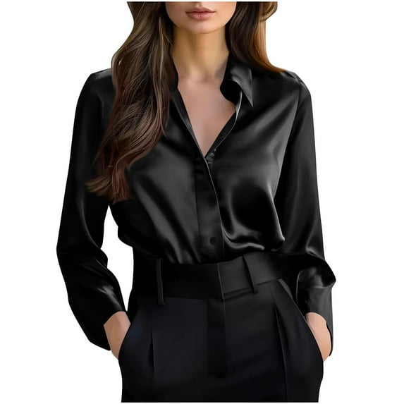 Women's Casual Loose Solid Turndown Collar Long Sleeved Tops Buttons Shirts Trendy Outfits Fashion Winter Clothing