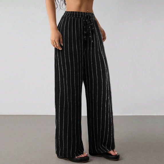 Women's Casual Loose Striped Drawstring Elastic Waist Wide-leg Pants