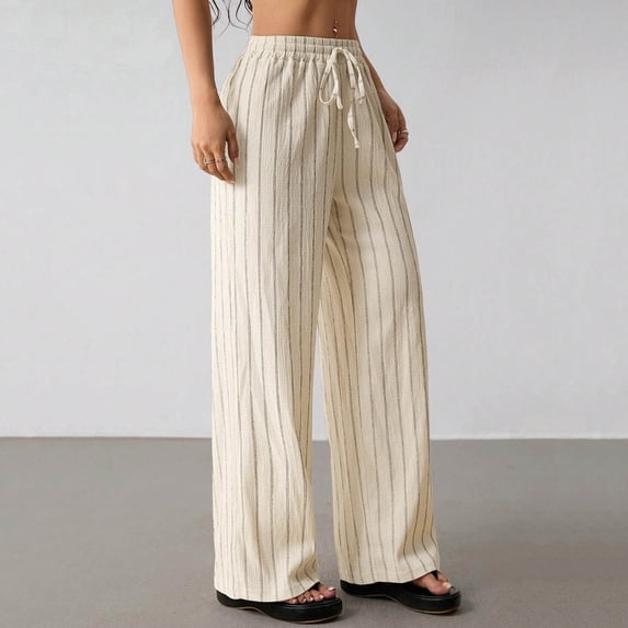 Women's Casual Loose Striped Drawstring Elastic Waist Wide-leg Pants