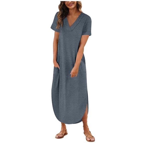 Women's Casual Loose Sundress 2024 T Shirt Dress Short Sleeve V Neck Solid Color Long Dress Side Split Leisure Dresses With Pockets Casual Dresses Dailywear