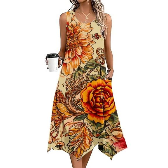 Women's Casual Loose Tank Dresses Sleeveless Beach Vacation Dress Pleated U Neck Soft A-Multicolor
