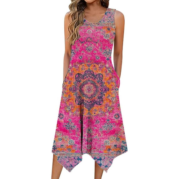 Women's Casual Loose Tank Dresses Sleeveless Beach Vacation Dress Pleated U Neck Soft B-Multicolor