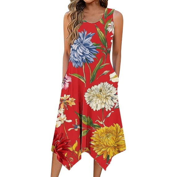 Women's Casual Loose Tank Dresses Sleeveless Beach Vacation Dress Pleated U Neck Soft E-Multicolor