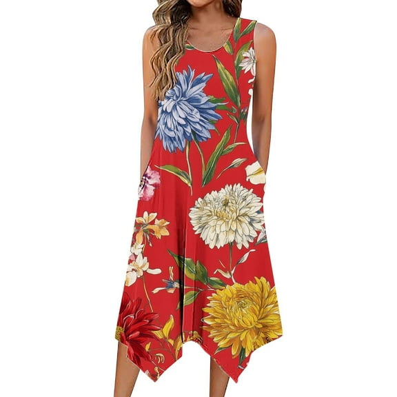 Women's Casual Loose Tank Dresses Sleeveless Beach Vacation Dress Pleated U Neck Soft E-Multicolor