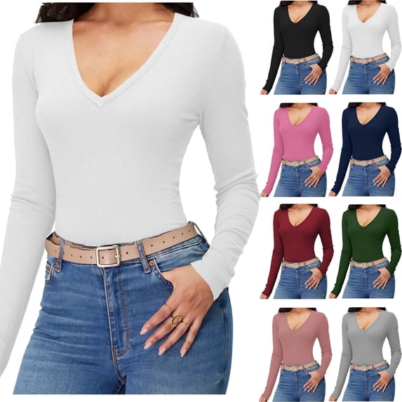Women's Casual Loose Trendy V-neck Fashionable Oversize Tight Thin Long Sleeve Comfortable Loose Top