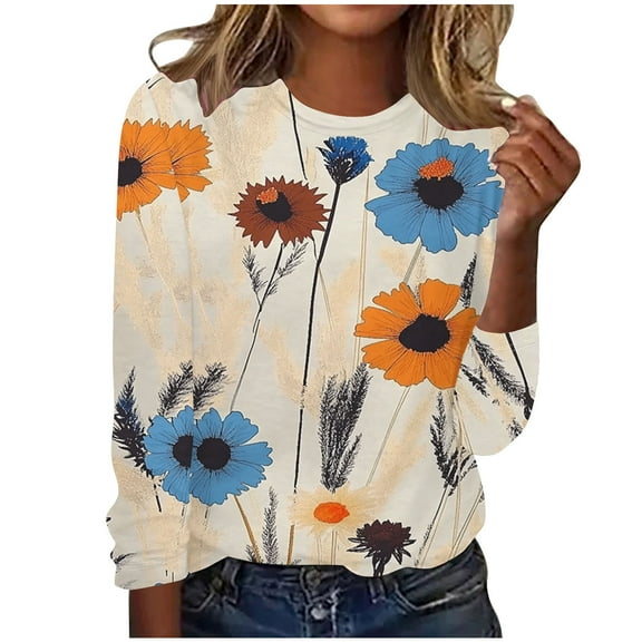Women's Casual Loose Tshirts Floral Summer Tops Crewneck Long Sleeve Shirts Ladies Vintage Printed Blouse Dressy Going Out Tunic T-Shirt Beach Vacation Outfits Clothes
