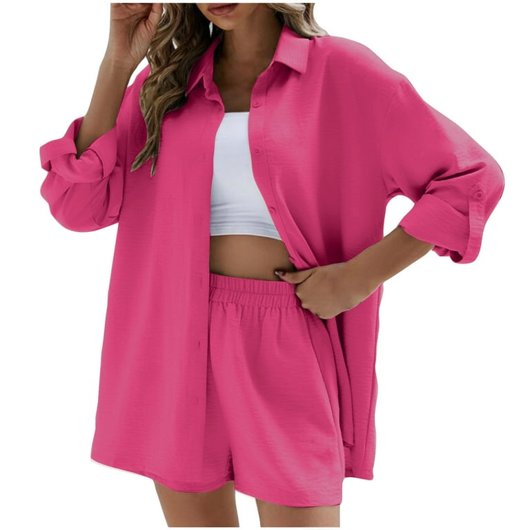 Women's Casual Loose Two Piece Sets Long Sleeve Shirt with