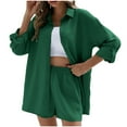 thumbnail image 1 of Women's Casual Loose Two Piece Sets Long Sleeve Shirt with Shorts Trendy Summer 2025 Outfits Green,XL, 1 of 7