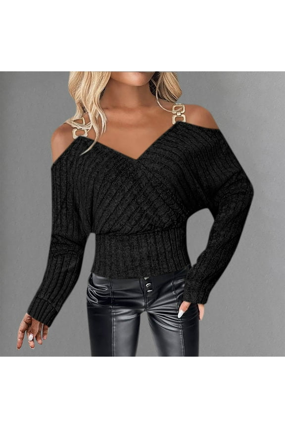 Women's Casual Loose V-Neck Long Sleeve Metal Button Strapless Shoulder-Exposing Top for Women Fall Winter Fashionable V-Neck Shirt Blouse