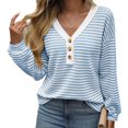 thumbnail image 1 of Women's Casual Loose V-Neck Striped Button Sky Blue Pullover Sweatshirt,Spring/Autumn/Winter,S-2XL, 1 of 6