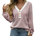 thumbnail image 1 of Women's Casual Loose V-Neck Striped Button Wine Red Pullover Sweatshirt,Spring/Autumn/Winter,S-2XL, 1 of 6