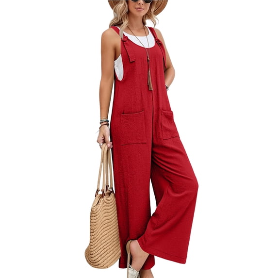 Women's Casual Loose Wide Leg Jumpsuit Tie Strap Sleeveless Pocket Romper