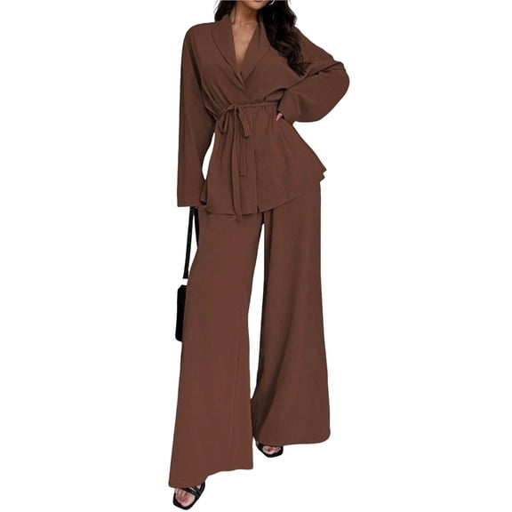 Women's Casual Lounge Two Piece Outfits Long Sleeve V Neck Wrap Tie Waist Shirt Wide Leg Pants Sets Dark Brown XL