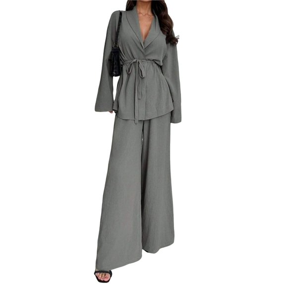 Women's Casual Lounge Two Piece Outfits Long Sleeve V Neck Wrap Tie Waist Shirt Wide Leg Pants Sets Gray S