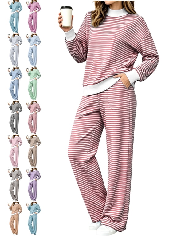 Women's Casual Loungewear 2 Piece Outfit Set Mock Neck Long Sleeve Striped Ribbed Trim Loose Fit Knit Set