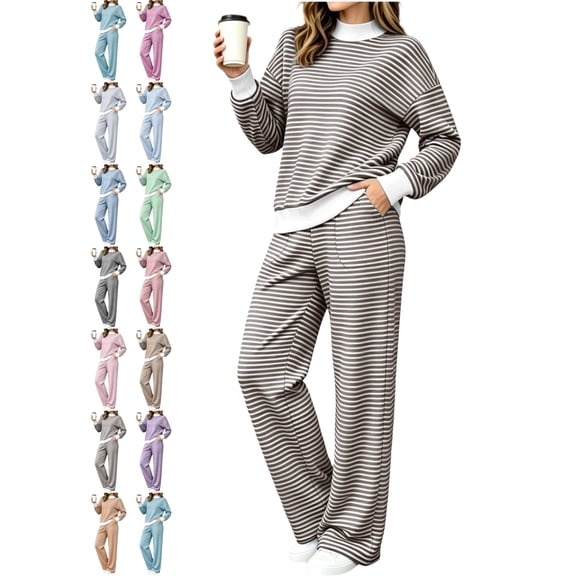 Women's Casual Loungewear 2 Piece Outfit Set Mock Neck Long Sleeve Striped Ribbed Trim Loose Fit Knit Set
