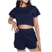 ANKOLA Women's Casual Loungewear Set 2 Piece Short Sleeve Cropped Shirt and Ruffle Shorts Lounge Tracksuit