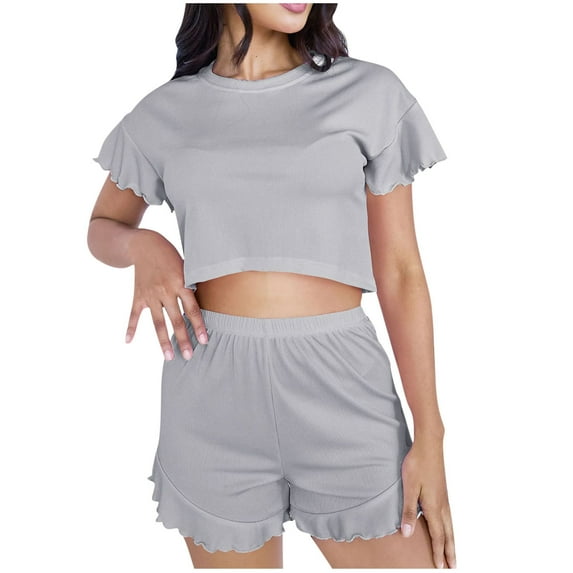 Women's Casual Loungewear Set 2 Piece Short Sleeve Cropped Shirt and Ruffle Shorts Lounge Tracksuit