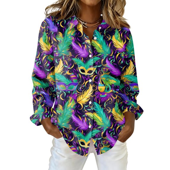 Women's Casual Mardi Gras Button Down Shirt Long Sleeve Collared Blouse Regular Fit Stretch Top