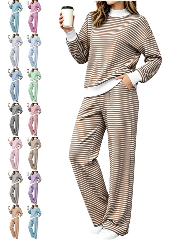 Women's Casual Matching 2 Piece Outfit Set Mock Neck Long Sleeve Striped Color Block Ribbed Trim Loungewear Set
