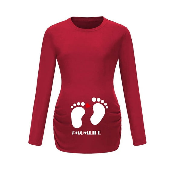 Women's Casual Maternity Shirts Long Sleeve Soft and Comfy Pregnancy Tee Tops Side Split Maternity Clothes Red L