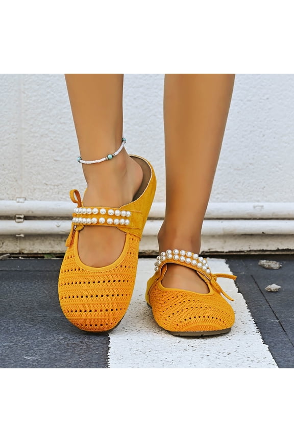 Women’s Casual Mesh Flat Shoes, Breathable Knit Upper, Pearl Bow Detail, Backless Mules, Lightweight Supportive Sole, Everyday Wear, Outdoor Leisure, Fashionable Comfortable Footwear Yellow